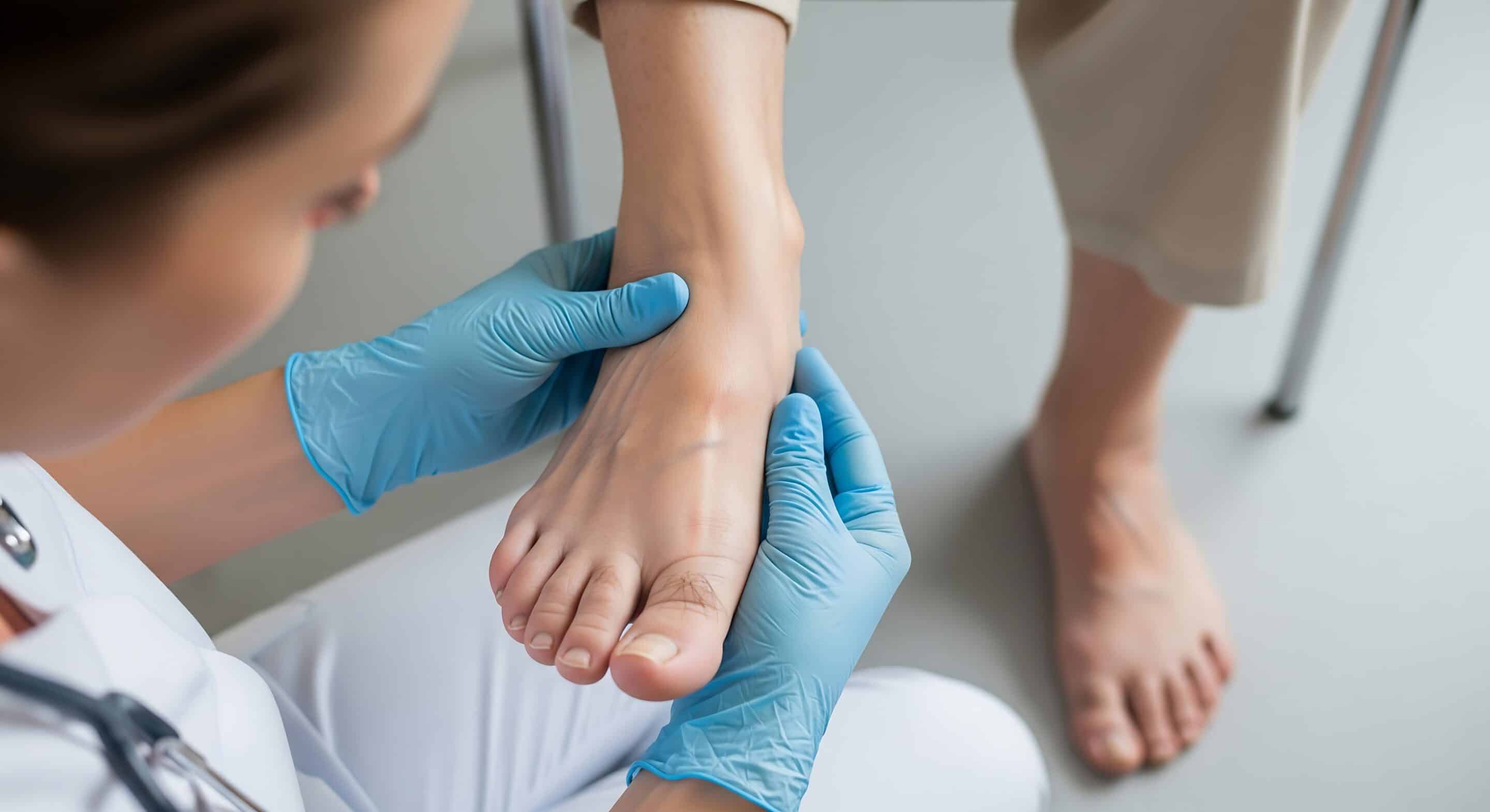 A healthcare professional wearing blue gloves gently examines a patient's foot, focusing on the ankle area.